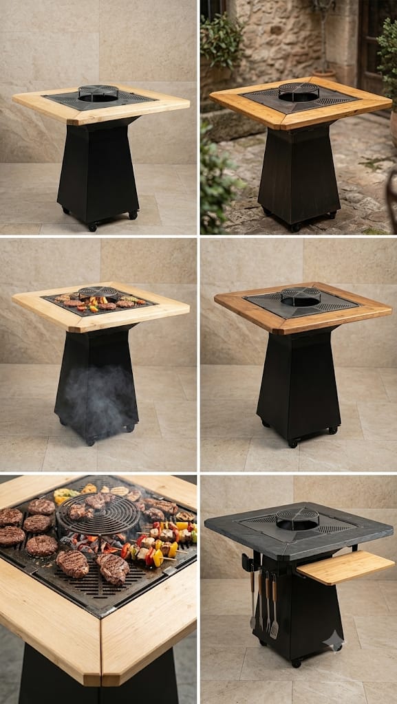 Fire Pit cu Grătar Integrat și Ramă din Lemn Masiv
